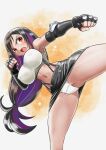  1girl armpits black_gloves black_hair black_skirt blush breasts cameltoe clenched_hands commentary_request covered_nipples dot_nose elbow_gloves elbow_pads feet_out_of_frame final_fantasy final_fantasy_vii fingerless_gloves gloves groin_tendon hair_tie hands_up high_kick hiro68 kicking large_breasts long_hair low-tied_long_hair midriff miniskirt navel open_mouth panties pantyshot red_eyes revision single_elbow_pad skirt solo suspender_skirt suspenders tank_top tifa_lockhart underwear v-shaped_eyebrows very_long_hair white_panties white_tank_top 