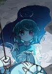  1girl artistic_error blue_eyes blue_hair blue_skirt blue_vest closed_mouth commentary_request highres holding holding_umbrella illust_atelier3 long_sleeves looking_at_reflection one-hour_drawing_challenge outdoors puddle red_eyes reflection reflection_focus reflective_liquid ripples shirt short_hair signature skirt solo squatting tatara_kogasa touhou umbrella vest water white_shirt 