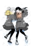  2girls ankle_boots black_boots black_gloves black_hair black_pantyhose boots brown_scarf closed_eyes coat commentary_request duffel_coat facing_another full_body gloves grey_boots grey_coat grey_gloves grey_hair grey_skirt highres holding_hands long_hair long_sleeves lying multiple_girls nakamachi_keiji on_back on_side open_mouth original outdoors pantyhose pleated_skirt profile scarf skirt smile snow teeth upper_teeth_only winter winter_clothes yellow_scarf 