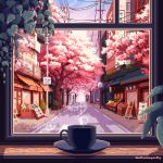  album_cover building cafe cherry_blossoms commission cover cup day deathcomequickly hanging_plant highres no_humans original petals pink_petals pixel_art road scenery sidewalk sky steaming_cup street sunlight tagme teacup tree utility_pole window 