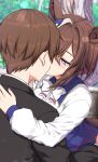  1boy 1girl animal_ears black_jacket blue_eyes blush bow bowtie brown_hair brown_tail cheval_grand_(umamusume) commentary commission english_commentary french_kiss hair_between_eyes hair_intakes half-closed_eyes highres horse_ears horse_girl horse_tail jacket kiss long_sleeves looking_at_another multicolored_hair outdoors puffy_long_sleeves puffy_sleeves sheita shirt short_hair short_hair_with_long_locks sidelocks streaked_hair tail umamusume white_bow white_bowtie white_shirt white_streaks 