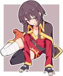  1girl bandaged_leg bandages black_cape black_choker black_gloves black_hair black_thighhighs brown_background cape choker closed_mouth commentary fingerless_gloves gloves highres kono_subarashii_sekai_ni_shukufuku_wo! long_sleeves looking_at_viewer medium_hair megumin missing_headwear noyama_takenoko red_shirt shirt sidelocks single_thighhigh sitting smile solo thighhighs thighs two-tone_background white_background 