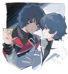  2boys aeug aged_up alternate_universe black_gloves black_shirt blue_eyes blue_hair blue_jacket char's_counterattack closed_mouth dual_persona empty_eyes eye_contact frown gloves gundam hand_up highres holding_another's_wrist i_akkkko_i jacket kamille_bidan long_sleeves looking_at_another male_focus military_uniform multiple_boys neo_zeon science science_fiction shirt short_hair sweatdrop turtleneck upper_body zeta_gundam 