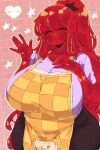  1girl ^_^ apron belly blush_stickers breasts checkered_apron checkered_clothes closed_eyes collarbone curvy highres huge_breasts long_hair monster_girl original plump ponytail red_hair sillydogjoe slime_girl smile solo very_long_hair waving wide_hips 