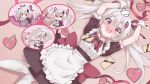  1girl apron back_bow black_dress blush bow bowtie box chi_lee chibi chibi_inset crossed_bandaids dress embarrassed fang frilled_sleeves frills gloves grey_hair heart-shaped_box indie_virtual_youtuber kannagi_tenri long_hair maid open_mouth pink_bow pink_bowtie pink_ribbon red_eyes ribbon short_sleeves twintails virtual_youtuber white_apron white_gloves white_wrist_cuffs wrist_cuffs 