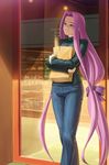  bread casual denim fate/hollow_ataraxia fate/stay_night fate_(series) food glasses jeans long_hair long_sleeves low-tied_long_hair pants pink_eyes ponytail purple_eyes purple_hair rider smile solo tani turtleneck very_long_hair 