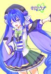  1girl :d ;d ahoge bare_shoulders black_gloves black_hat black_skirt blue_eyes blue_hair blue_jacket blue_overskirt bow bowtie braid buttons character_name chromatic_aberration clothing_cutout collared_jacket colored_inner_hair commentary_request cowboy_shot double-breasted double-parted_bangs flat_chest frilled_sleeves frills gloves gold_buttons gold_trim green_bow green_bowtie hair_between_eyes half_gloves hand_up hat hat_ornament highres jacket lapels long_hair looking_at_viewer low-braided_long_hair low-tied_long_hair low_twin_braids low_twintails multicolored_hair one_eye_closed open_mouth otomachi_una otomachi_una_(sv) outstretched_arm petticoat pleated_skirt puffy_sleeves purple_bow purple_hair purple_streaks ramune55ni see-through_clothes shoulder_cutout sidelocks simple_background skirt smile solo standing star_(symbol) streaked_hair striped_bow synthesizer_v three-quarter_sleeves tongue translation_request twin_braids twintails two-tone_bow two-tone_hair very_long_hair vocaloid white_bow white_jacket yellow_background 