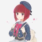  1girl arima_kana backpack bag beret blue_hat blue_jacket blunt_ends blush bob_cut bow bowtie grey_background hat highres holding_strap inverted_bob jacket long_sleeves looking_at_viewer nprmtp open_mouth oshi_no_ko pink_bow pink_bowtie red_eyes red_hair school_uniform shirt short_hair simple_background solo sweatdrop white_shirt youtou_high_school_uniform 