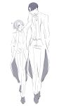  1boy 1girl arimura_mao bow bowtie commentary_request full_body gakuen_idolmaster glasses greyscale hair_over_one_eye hand_on_another's_face height_difference hetero highres idolmaster kasasagi_(futagodori888) looking_at_another monochrome musical_note one_eye_covered producer_(idolmaster) simple_background smile tuxedo white_background 