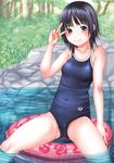  arena_(company) black_hair blue_eyes blush competition_school_swimsuit copyright_request day innertube neuron_(exceed) one-piece_swimsuit outdoors short_hair smile solo swimsuit tree v water 