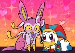  alternate_color animal_focus animalization artist_name blue_eyes blush blush_stickers clothed_pokemon commentary disturbed east-west_crossover eevee embarrassed english_commentary fluffy full_body hat heart heterochromia jax_(the_amazing_digital_circus) jester_cap neck_fur no_humans overalls pink_overalls pokefication pokemon pokemon_(creature) pokemon_focus pomni_(the_amazing_digital_circus) red_eyes shiny_pokemon sifyro sitting sparkle sylveon the_amazing_digital_circus uneven_eyes yellow_eyes 