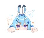  1girl alternate_eye_color animal_ears arahashi_tabi blue_bow blue_hair bow commentary_request fake_animal_ears flower hair_bow hair_flower hair_ornament head_only heart heart_hair_ornament highres korean_commentary looking_at_viewer multicolored_hair peeking_out pungdangi_(arahashi_tabi) purple_eyes purple_pupils rabbit_ears simple_background solo stellive streaked_hair triangle_hair_ornament virtual_youtuber wabtteong white_background white_streaks x_hair_ornament 
