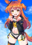  1girl animal_ears belt blue_sky blush bomber_jacket bow breasts brown_ribbon cloud commentary_request crop_top dog_tags ear_bow ear_ribbon green_belt green_jacket highres horse_ears horse_girl horse_tail jacket long_hair long_sleeves looking_at_viewer mayano_top_gun_(scramble_zone)_(umamusume) mayano_top_gun_(umamusume) midriff musan_(mu34mi) navel open_clothes open_jacket open_mouth orange_hair orange_tail ribbon shirt short_shorts shorts sky small_breasts smile solo tail teeth thighhighs two_side_up umamusume white_shorts yellow_shirt 
