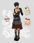  1girl adjusting_shirt artist_name asymmetrical_legwear bag belt black_belt black_hair black_shirt black_shoes black_skirt black_socks block_heels bracelet breasts brown_hat cake character_name cigarette cigarette_pack commentary cross cross_necklace emwjpg english_commentary eyeshadow fashion fishnet_socks fishnets food full_body gold_ring green_eyes grey_background grey_skirt hat high-waist_belt highres holding holding_lighter jewelry kneehighs layered_skirt lighter looking_down loose_belt makeup medium_skirt midriff_peek mismatched_legwear mismatched_socks mouth_hold multiple_necklaces nana_(series) necklace newsboy_cap osaki_nana pixie_cut plaid_clothes plaid_skirt platform_heels pleated_skirt plunging_neckline punk purple_eyeshadow red_bag red_lips red_skirt see-through_clothes see-through_socks shirt shoe_belt shoes shoulder_bag silver_necklace skirt sleeves_past_wrists small_breasts socks solo standing strappy_heels strawberry_shortcake studded_bracelet two-tone_skirt v-neck vivienne_westwood 