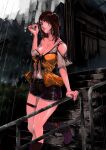  1girl ankle_boots armpit_crease bare_shoulders belt belt_buckle black_belt black_boots black_bow black_ribbon black_shorts black_socks boots bow breasts brooch brown_eyes brown_hair buckle building bush cleavage clothing_cutout collarbone commentary_request day fatal_frame fatal_frame:_maiden_of_black_water fingernails foot_out_of_frame hair_between_eyes hand_on_railing hand_up highres holding_own_hair jewelry kneehighs kozukata_yuuri large_breasts long_hair looking_ahead on_stairs orange_shirt outdoors overcast parted_lips railing rain ribbon shirt short_shorts short_sleeves shorts shoulder_cutout single_off_shoulder sky sleeve_ribbon socks solo spot_(artist) stairs strapless strapless_shirt thigh_strap tree walking wet wet_clothes wet_hair wet_shirt white_shirt 