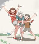  3girls ahoge annko arms_up black_hair blush brown_hair closed_eyes commentary_request day dynamic_pose full_body gakuen_idolmaster green_shirt grey_hair grey_shorts group_hug hair_ornament hanami_ume happy highres hug idolmaster kuramoto_china leg_up long_hair looking_at_viewer multiple_girls open_mouth orange_shirt outdoors outstretched_arms ponytail red_shirt shinosawa_hiro shirt shoes short_hair short_sleeves shorts simple_background smile sneakers socks spread_arms t-shirt white_shorts 