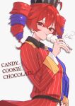  1girl ahoge candycookiechocolate_(vocaloid) contrast_collar dango drill_hair eating epaulettes food from_side hat highres kasane_teto multicolored_hair multicolored_shirt ramie_li red_eyes red_hair shirt signature simple_background sleeve_cuffs song_name synthesizer_v twin_drills two-tone_hair utau wagashi white_background 