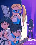  4girls absurdres alley ambush bad_end black_hair blonde_hair brass_knuckles chair club_(weapon) commentary crossover domino_mask dougi english_commentary eye_mask final_fantasy final_fantasy_vii final_fantasy_vii_remake folding_chair hiding highres kasugano_sakura long_hair makoto_(street_fighter) mask multiple_girls quasimodox rainbow_mika school_uniform serafuku street_fighter street_fighter_6 sweatdrop tifa_lockhart twintails weapon 