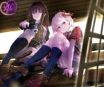  2girls absurdres aiming aiming_at_viewer blonde_hair blue_dress blue_socks brown_hair brown_shoes commentary_request dress gun hair_ribbon handgun highres holding holding_gun holding_weapon inoue_takina kneehighs long_hair looking_at_viewer lycoris_recoil lycoris_uniform multiple_girls nishikigi_chisato parted_lips purple_eyes red_dress red_eyes red_ribbon ribbon sengoku_chidori shoes short_hair socks weapon 
