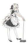  1girl alternate_costume apron black_dress black_ribbon broom commentary_request dress enmaided frilled_apron frilled_dress frills grey_eyes grey_hair hair_over_one_eye high_heels highres isekaijoucho kamitsubaki_studio light_blush long_dress maid maid_apron multicolored_hair one_eye_covered pantyhose puffy_short_sleeves puffy_sleeves red_hair ribbon short_sleeves sidelocks waist_apron white_apron white_pantyhose white_trim yuririn_(549593325) 
