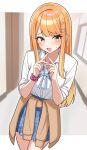  blue_ribbon blue_skirt blush brown_cardigan cardigan cardigan_around_waist clothes_around_waist collared_shirt commentary_request dress_shirt gakuen_idolmaster green_eyes hair_ornament hairclip hatsuboshi_gakuen_school_uniform highres idolmaster indoors long_hair looking_at_viewer loose_neck_ribbon mole mole_under_eye neck_ribbon niban_(puka_0507) open_mouth orange_hair pleated_skirt ribbon school_uniform scrunchie shirt shiun_sumika skirt smile white_shirt wrist_scrunchie 
