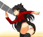  a1 ass bent_over black_hair black_legwear bowling bowling_alley cameltoe fate/stay_night fate_(series) from_behind hair_ribbon long_sleeves miniskirt panties pantyshot ribbon skirt solo thighhighs toosaka_rin trefoil turtleneck two_side_up underwear upskirt white_panties 