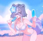  1girl 3am animal_ears beach bikini blue_bikini blue_eyes blue_flower blue_hair blue_nails blue_sky blue_tail breasts cleavage colored_skin commentary_request eye_mask flower food hair_flower hair_ornament hair_over_one_eye heart heart_in_eye hibiscus highres jewelry large_breasts lazuremi looking_at_viewer mask multicolored_hair navel necklace open_mouth pink_skin popsicle raccoon_ears raccoon_girl raccoon_tail short_hair sidelocks sky snuffy_(swimsuit)_(vtuber) snuffy_(vtuber) solo star_(symbol) star_hair_ornament star_necklace streaked_hair swimsuit symbol_in_eye tail thighs tongue tongue_out virtual_youtuber white_streaks 