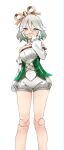  1girl bare_shoulders braid cecilia_immergreen cecilia_immergreen_(1st_costume) colored_inner_hair commentary corset covering_own_mouth cowboy_shot cross-laced_clothes cross-laced_corset detached_collar detached_sleeves doll doll_joints double-parted_bangs green_corset green_eyes green_hair grey_hair hair_between_eyes highres hololive hololive_english joints long_sleeves multicolored_hair puffy_long_sleeves puffy_sleeves romper short_hair side_braid simple_background single_braid skaarl_(artist) solo strapless_romper untranslatable_commentary virtual_youtuber white_background white_romper white_sleeves winding_key 