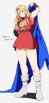  1boy absurdres arm_up belt blonde_hair blue_cape boots briefs brown_belt cape castlevania:_bloodlines castlevania_(series) chomo_(kdeko) closed_mouth eric_lecarde full_body green_eyes grey_background half-closed_eyes hand_on_own_hip highres holding holding_unworn_cape holding_unworn_clothes long_hair looking_at_viewer male_focus male_underwear male_underwear_peek red_male_underwear red_tunic short_sleeves simple_background solo standing translated tunic underwear unworn_cape vambraces white_boots 
