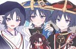  1girl 3boys artist_request black_bodysuit black_hat black_kimono black_sleeves blue_cape blue_hat blue_jingasa blunt_ends blush bodysuit camellia_(trave1er) cape choppy_bangs closed_mouth commentary_request commission eyeliner fingernails genshin_impact gold grey_hair hand_on_own_arm hand_up hat hetero highres japanese_clothes jewelry jingasa juban kariginu kimono looking_at_another looking_at_viewer makeup male_harem mandarin_collar mitsudomoe_(shape) multiple_boys multiple_persona neck_ring oc_x_canon open_mouth original purple_kimono purple_pupils purple_rope purple_veil red_eyeliner red_hat red_kimono rope scaramouche_(genshin_impact) scaramouche_(kabukimono)_(genshin_impact) second-party_source shimenawa shoulder_peek side_cape smile split_mouth string sweatdrop tassel tomoe_(symbol) veil wanderer_(genshin_impact) white_background white_kimono white_rope 