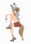  1girl animal_ears ankle_socks blue_eyes blush bottle cheval_grand_(umamusume) double-parted_bangs ear_covers from_side full_body gym_shirt hair_between_eyes hakugitsu hat high_heel_sneakers highres holding holding_bottle horse_ears horse_girl horse_tail knee_up looking_at_viewer medium_hair multicolored_hair open_mouth paper_texture plastic_bottle red_shorts shirt shoes short_shorts short_sleeves shorts sidelocks simple_background sitting sneakers socks solo streaked_hair sweat tail turning_head umamusume water_bottle white_background white_hair white_hat white_shirt white_shoes white_socks 