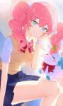  1girl alternate_costume aqua_eyes bad_id bad_pixiv_id blue_skirt bow bowtie breasts brown_car car chyanu commentary drill_hair highres honkai:_star_rail honkai_(series) hyacine_(honkai:_star_rail) little_ica_(honkai:_star_rail) long_hair looking_at_viewer motor_vehicle pegasus pink_hair red_bow red_bowtie school_uniform skirt small_breasts smile solo thighs twin_drills twintails untranslatable_commentary 