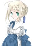  ahoge artoria_pendragon_(all) blonde_hair blouse dress fate/stay_night fate_(series) green_eyes juliet_sleeves light_smile long_sleeves lowres miyashita_miki puffy_sleeves ribbon-trimmed_sleeves ribbon_trim saber simple_background solo updo white_background 