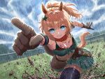  1girl alex_j_stella animal_ears armband bandana bandeau bare_shoulders blue_eyes blush breasts brown_gloves brown_hair cleavage cloud cloudy_sky colt_single_action_army commentary cowboy_hat english_commentary gloves green_armband green_bandeau green_skirt gun hair_ornament hat hat_on_back highres holstered horse_ears horse_girl horse_tail large_breasts long_hair midriff mud navel open_mouth outdoors ponytail purple_thighhighs rain red_bandana revolver running sheriff_badge skirt sky smile solo star_(symbol) star_hair_ornament taiki_shuttle_(umamusume) taiki_shuttle_(wild_frontier)_(umamusume) tail thighhighs umamusume weapon 