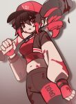  1girl absurdres arm_at_side bags_under_eyes baseball_bat baseball_cap black_hair black_jacket black_pants blood blood_on_cheek blood_on_clothes blood_on_face blood_on_hand blood_on_stomach blood_on_weapon breasts carrying_over_shoulder clothes_writing colored_tips commentary cowboy_shot crop_top cropped_jacket cropped_shirt ddamma_o3o double-parted_bangs drill_hair drop_shadow dutch_angle eyes_visible_through_hair fingerless_gloves from_below gloves grey_background hair_between_eyes halftone halftone_background hand_up hat highres holding holding_baseball_bat jacket kasane_teto letterboxed long_sleeves looking_at_viewer medium_breasts medium_hair midriff multicolored_hair navel no_sclera over_shoulder pants parted_lips puffy_long_sleeves puffy_sleeves raglan_sleeves red_eyes red_gloves red_hair red_hat red_shirt shirt sidelocks simple_background sleeve_cuffs solo standing synthesizer_v tsurime twin_drills two-tone_hair utau v-shaped_eyebrows weapon weapon_over_shoulder white_sleeves yararara_(synthesizer_v) 