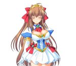  1girl ahoge ascot blush bow breasts brown_hair cleavage closed_eyes closed_mouth crown dress elbow_gloves facing_viewer game_asset gloves hair_bow hair_ribbon kamei large_breasts large_variant_set long_hair magical_girl non-web_source official_art pleated_skirt puffy_short_sleeves puffy_sleeves ribbon sakurai_natsuki seisenki_valkyrie_sisters self-datamine short_sleeves simple_background skirt solo tachi-e tiara transparent_background valkyrie_moon variant_set very_long_hair white_gloves 