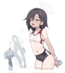  1girl arms_behind_back black_buruma blue_archive bottle breasts brown_hair brown_halo buruma clothes_lift commentary_request cropped_legs electric_fan fanning_self from_side halo highres holding holding_bottle korean_commentary looking_ahead medium_breasts navel one_eye_closed open_mouth plastic_bottle rang_go short_hair simple_background sketch solo sports_bikini sports_bra sports_bra_lift stomach sweat tan tanlines track_and_field_club_member_(blue_archive) underboob white_background white_sports_bra wristband 