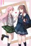  2girls ? absurdres bag bang_dream! bang_dream!_it's_mygo!!!!! black_bag blue_shirt blue_skirt blue_socks brown_hair brown_shoes chihaya_anon chinese_commentary closed_mouth commentary_request diagonal-striped_clothes diagonal-striped_necktie fang green_necktie green_skirt grey_eyes grey_jacket grey_neckerchief haneoka_school_uniform highres jacket long_hair long_sleeves multiple_girls nagasaki_soyo neckerchief necktie open_mouth outline pink_hair plaid_clothes plaid_skirt pleated_skirt school_uniform shirt shoes shoulder_bag sidelocks skin_fang skirt socks sokat striped_clothes striped_necktie tsukinomori_school_uniform white_outline 