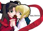  artoria_pendragon_(all) blonde_hair chocolate chocolate_heart fate/stay_night fate_(series) happy_valentine heart inue_shinsuke long_sleeves lowres multiple_girls saber shared_food toosaka_rin two_side_up valentine yuri 