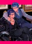  2boys blue_hair cigar collared_shirt commentary_request couch crossed_legs cu_chulainn_(caster)_(fate) cu_chulainn_(caster)_(formal_dress)_(fate) cu_chulainn_(fate) cu_chulainn_alter_(fate) cu_chulainn_alter_(outrage)_(fate) earrings facial_tattoo fate/grand_order fate_(series) holding holding_cigar jacket jewelry long_hair male_focus multiple_boys on_couch open_mouth pants ponytail red_eyes shirt sitting smile tatsuta_age tattoo vest 