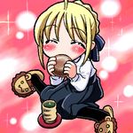  ^_^ artoria_pendragon_(all) black_legwear blonde_hair blouse blush chibi closed_eyes cup eating fate/stay_night fate_(series) green_tea long_sleeves lowres mug oekaki pantyhose saber sitting slippers solo st_parasu tea wariza yunomi 