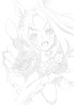  1girl :d animal_ears blush bow bowtie character_request check_character dress feet_out_of_frame from_above gloves greyscale hakugitsu highres horse_ears horse_girl lineart long_hair long_sleeves looking_at_viewer monochrome narita_top_road_(the_proud_road)_(umamusume) narita_top_road_(umamusume) open_mouth parted_bangs pointing pointing_at_viewer sidelocks simple_background sketch smile solo thighs umamusume white_background 
