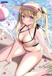  1girl absurdres arm_support armpit_crease artist_name ball bare_legs bare_shoulders barefoot beachball bikini black_ribbon blonde_hair blush bow bow_bikini breasts cleavage closed_mouth collarbone dengeki_moeoh earrings falling_petals from_above front-tie_bikini_top front-tie_top hair_bow hair_ornament hair_ribbon heart heart_earrings highres jewelry knees_out_of_frame lens_flare long_hair looking_at_viewer looking_up magazine_scan medium_breasts miwa_uni multi-strapped_bikini_top navel original outdoors page_number petals pink_bow pink_petals puckered_lips purple_eyes ribbon sand sand_writing scan shallow_water shiny_skin sideboob sidelocks sitting solo sunlight swimsuit third-party_source twintails visor_cap wariza water writing x_hair_ornament yellow_bikini 