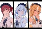  3girls :d :o aiguillette amane_kanata angel angel_wings asymmetrical_hair beret blonde_hair blowing_kiss blue_bow blue_bowtie blue_gem blue_hair blue_hat blue_journey_(hololive) blue_nails blue_wings blush bob_cut bow bowtie bracelet breasts brooch butterfly_ornament chain collared_shirt colored_inner_hair column_lineup crossed_arms dark-skinned_female dark_elf dark_skin detached_sleeves dot_nose double-parted_bangs elf fanged_bangs feathered_wings gem gradient_wings grey_hair grin hair_ribbon half-closed_eyes halo hand_on_own_chin hand_on_own_face hat head_tilt heart heterochromia high_ponytail highres hololive houshou_marine jewelry letterboxed lone_nape_hair long_hair long_pointy_ears long_sidelocks long_sleeves looking_at_viewer medium_breasts mini_wings multicolored_hair multicolored_wings multiple_girls nail_polish official_alternate_costume one_eye_closed orange_eyes parted_bangs pink_streaks plaid_hat pointy_ears ponytail purple_eyes raised_eyebrow raised_eyebrows red_eyes red_hair red_ribbon ribbon shino_12a shiranui_flare shirt short_hair side_part sidelocks simple_background single_hair_intake sleeveless sleeveless_shirt small_breasts smile sound_effects speech_bubble star_halo stitches streaked_hair tilted_halo twintails two-tone_hair upper_body virtual_youtuber white_background white_shirt white_sleeves white_streaks white_trim white_wings wings yellow_eyes 