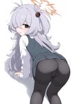  1girl absurdres ass blackness_(blackness661) blue_archive blush brown_eyes brown_halo commentary_request dress eyeball_hair_ornament from_behind grey_hair hair_ornament hair_over_one_eye halo heart highres kanoe_(blue_archive) korean_commentary long_hair long_sleeves looking_at_viewer multicolored_eyes no_panties open_mouth pantyhose pinafore_dress shirt simple_background sleeveless sleeveless_dress smile solo thighband_pantyhose two-tone_eyes two_side_up white_background white_shirt 