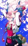  1girl absurdres andunchifan_firefox arknights arknights:_endfield arms_up blue_horns blush branch breasts chinese_commentary cleavage commentary_request cropped_jacket detached_sleeves dragon_girl dragon_horns fingerless_gloves flower fluffy_tail gloves gourd hair_bun hair_ornament hair_over_one_eye hair_scrunchie hair_tie highres horns long_sleeves medium_breasts mi_fu_(arknights) mole mole_on_breast one_eye_closed pink_flower pink_hair pointy_ears red_eyes red_gloves scrunchie shirt solo tail tying_hair white_sleeves 