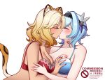  2girls animal_ears black_hairband blonde_hair blue_bra blue_hair blush bra breasts charlie_purrito cleavage closed_eyes collarbone commentary commission english_commentary eula_(genshin_impact) fingernails genshin_impact grabbing_another's_breast gradient_hair groping hairband highres kiss large_breasts lipstick_mark lipstick_mark_on_breast lipstick_mark_on_neck multicolored_hair multiple_girls nail_polish orange_hair panther_ears panther_girl panther_tail red_bra red_nails simple_background tail underwear white_background xilonen_(genshin_impact) yuri 