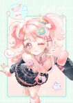  >_< 1girl \m/ absurdres aqua_border arm_warmers armband badge bandaid bandaid_on_knee bandaid_on_leg bead_necklace beads black_jacket black_skirt blue_nails blushbunny_(infinity_nikki) border bow brooch chinese_commentary closed_mouth collared_shirt commentary_request dot_nose ear_piercing earrings eyelashes foot_out_of_frame four-pointed_star fourth_wall frilled_skirt frills fur-trimmed_jacket fur-trimmed_sleeves fur_trim grey_bow grid_border gyaru hair_ornament hair_scrunchie hairclip halftone halftone_background happy heart heart-shaped_bandaid heart_hair_ornament highres infinity_nikki jacket jewelry leg_warmers long_hair long_sleeves looking_at_viewer miniskirt multicolored_hair multicolored_nails necklace necktie nikki_(series) one_eye_closed outside_border parallel_hairclips phone piercing pink_arm_warmers pink_armband pink_background pink_eyes pink_hair pink_leg_warmers pink_nails pink_necktie pink_shirt plaid_clothes plaid_skirt pleated_skirt rabbit rainbow_hair_ornament ribbon ribbon_earrings rosie_sweetheart_(infinity_nikki) scrunchie shirt single_earring skirt sleeve_bow smile solo speech_bubble spoken_animal spoken_object star_(symbol) star_brooch star_hair_ornament tamagotchi_(virtual_pet) tareme two-tone_hair virtual_pet_(toy) watermark wavy_hair weibo_watermark whimstar_(infinity_nikki) x_hair_ornament xiaoyu_qixing y2k_fashion yarn yellow_nails yellow_ribbon 