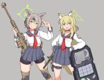  2girls ainagi animal_ear_fluff animal_ears anti-materiel_rifle barrett_m82 bike_shorts bike_shorts_under_skirt black_choker black_shorts blonde_hair blue_archive blue_sailor_collar blue_skirt blush breast_pocket choker commentary_request ear_protection fox_ears fox_girl fox_tail green_eyes green_halo grey_background grey_hair grin gun h&amp;k_ump hair_between_eyes halo handgun hands_on_own_hips headband headset holding holding_gun holding_shield holding_weapon holster holstered knee_pads kurumi_(blue_archive) long_hair long_sleeves looking_at_viewer magazine_(weapon) midriff midriff_peek miniskirt multiple_girls neckerchief open_mouth otogi_(blue_archive) pleated_skirt pocket pouch red_neckerchief rifle sailor_collar salute school_uniform serafuku shield shirt short_hair short_shorts shorts shorts_under_skirt shotgun simple_background skirt smile sniper_rifle standing submachine_gun suppressor tail thigh_holster thigh_pouch thigh_strap weapon white_shirt 