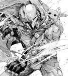  2boys ? absurdres armor blaster_(star_wars) breastplate cape creature creature_on_shoulder din_djarin floating_cape gloves greyscale grogu gun handgun helmet highres holding holding_gun holding_weapon kudou_makoto male_focus mandalorian mandalorian_helmet monochrome multiple_boys on_shoulder pants speech_bubble spoken_question_mark star_wars the_mandalorian the_mandalorian_and_grogu weapon 